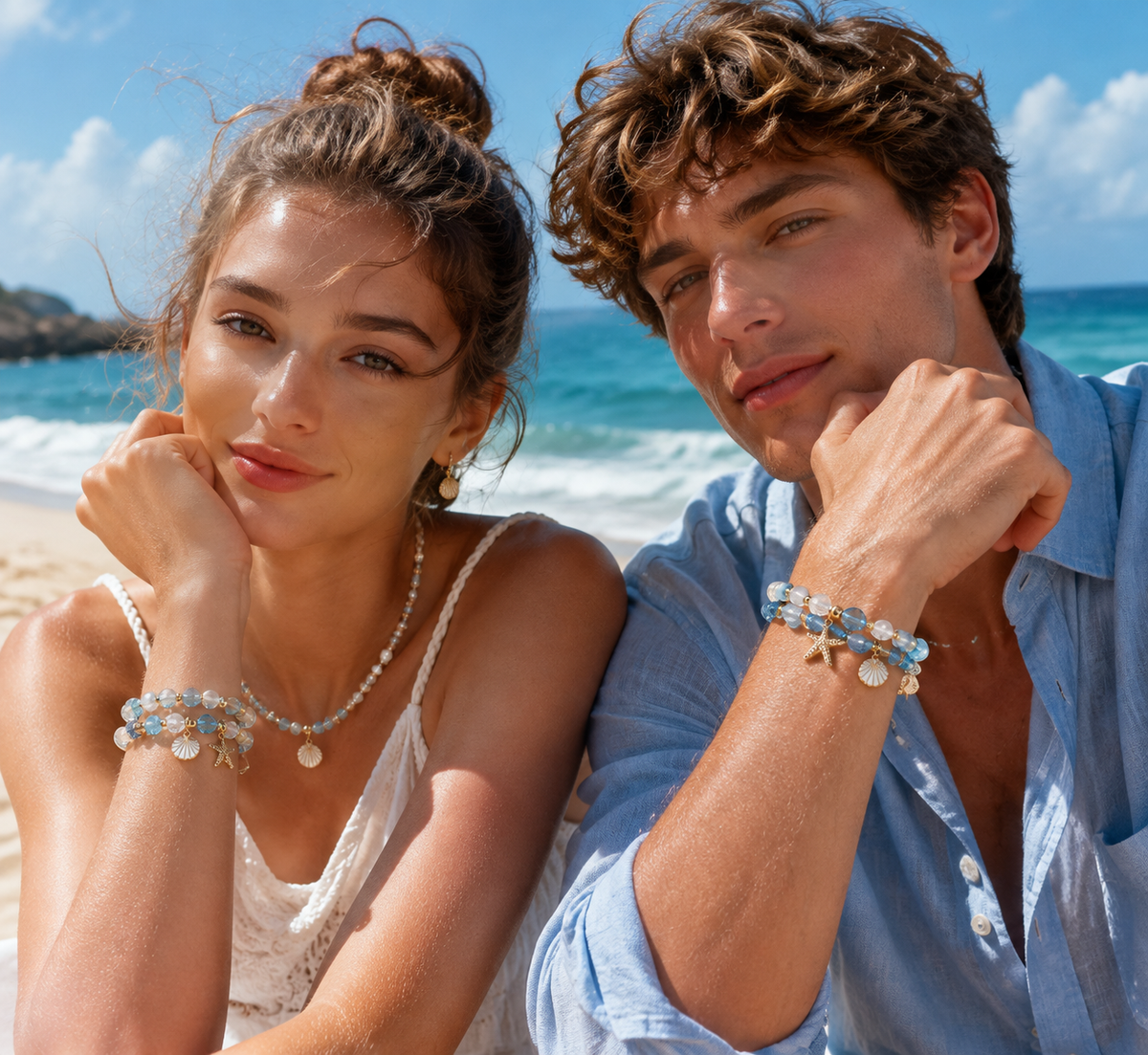 Ocean Breeze DIY Bracelet Kit - couple wearing ocean-themed bracelets on beach